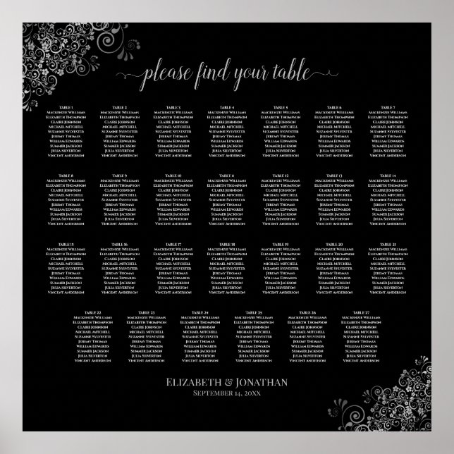 Poster 27 Gráfico de Casamento de Mesa Prateado Preto (Frente)