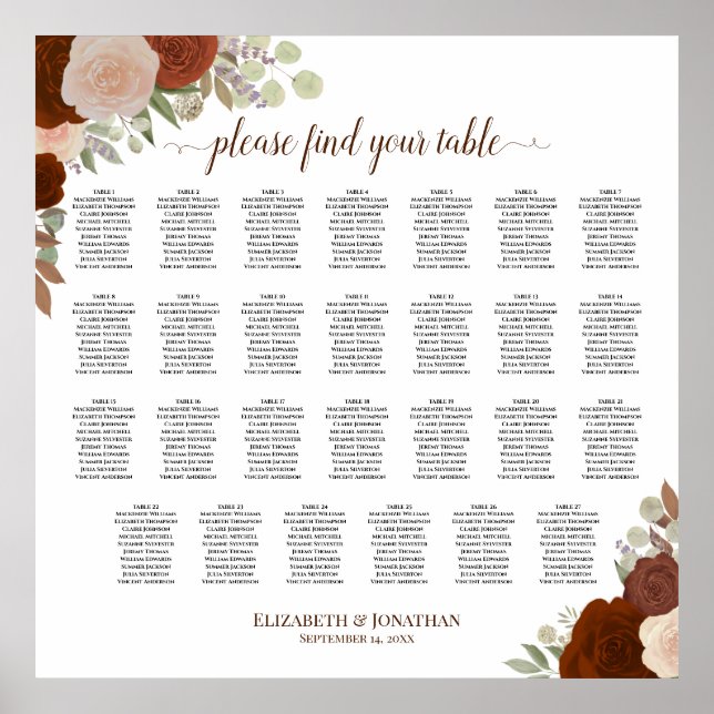 Poster 27 Gráfico de Casamento de Rosas Laranja Mesas (Frente)