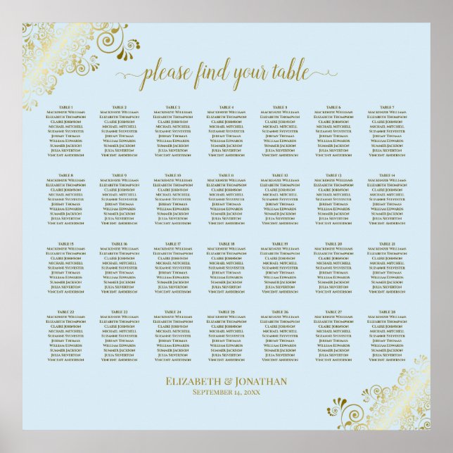 Poster 28 Gráfico de Casamento de Mesa Azul e Dourado (Frente)