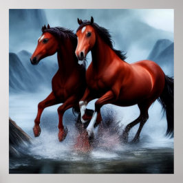 Poster 2 Belo cavalo de castanha selvagem no rio