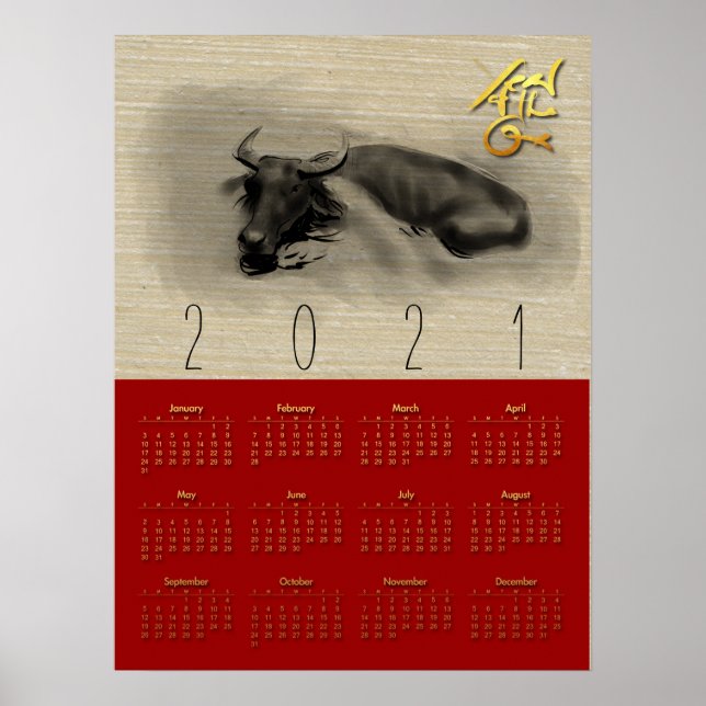 Poster 2 Buffalo Chinês Ox Ano Novo Calendário 18X24 (Frente)