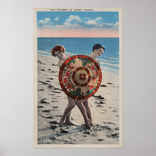 Póster 2 mulheres Sunbathing & guarda-chuva asiático,