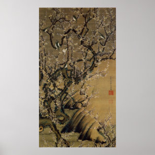 Poster 2. o 梅花小禽図, ameixa do 若冲 floresce &