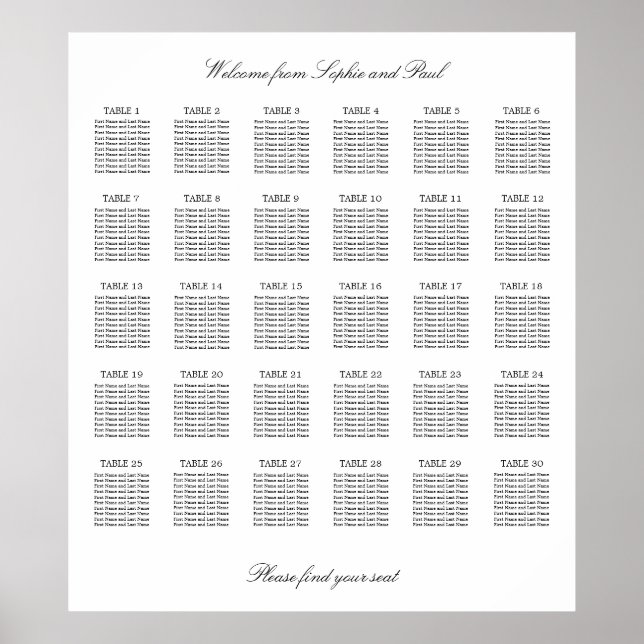 Poster 30 Gráfico de Assentos Mínimos Elegantes da Mesa (Frente)