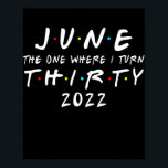 Poster 30th Birthday June The One Where I Turn 30 2022<br><div class="desc">30th Birthday June The One Where I Turn 30 2022 Mens Women Gift. Perfect gift for your dad,  mom,  papa,  men,  women,  friend and family members on Thanksgiving Day,  Christmas Day,  Mothers Day,  Fathers Day,  4th of July,  1776 Independent day,  Veterans Day,  Halloween Day,  Patrick's Day</div>