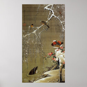 Póster 3. 雪中鴛鴦図, pato de mandarino na neve, Jak