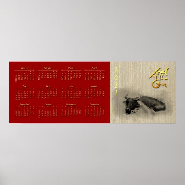 Poster 3 Buffalo Chinês Ox Ano Novo Calendário 46x17 (Frente)