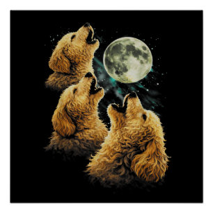 Póster 3 Cães Golden Doodle Uivando para a Lua Cachorros