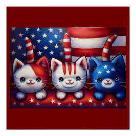 Póster 3 Gatinhos Patrióticos Em Uma Cena Com A Bandeira
