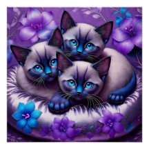 3 Gatinhos Siameses Flores Roxas Travesseiro