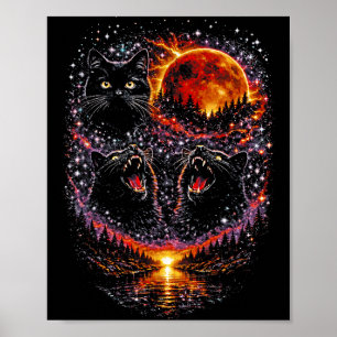 Poster 3 gatos pretos uivando lua de sangue lunar florest