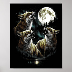 Poster 3 Raposa Uivando Lua Aurora Vintage Estilo Retrô