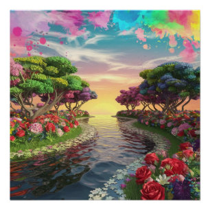 Póster 3D Fantasy Sunset Sobre Serene Lake com Vibração