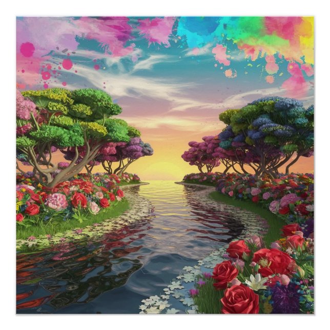 Póster 3D Fantasy Sunset Sobre Serene Lake com Vibração (Frente)