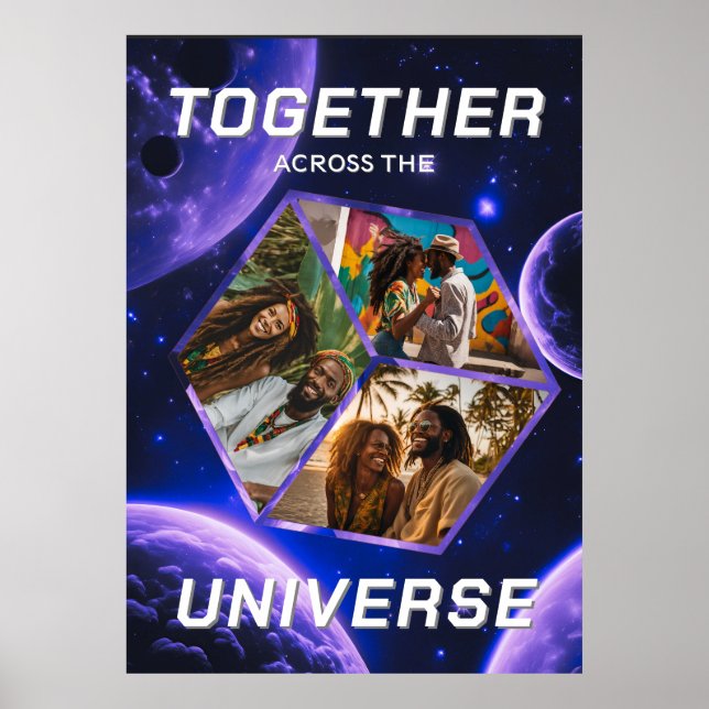 Poster 3D Fotowürfel im Weltraum mit Planeten (Frente)