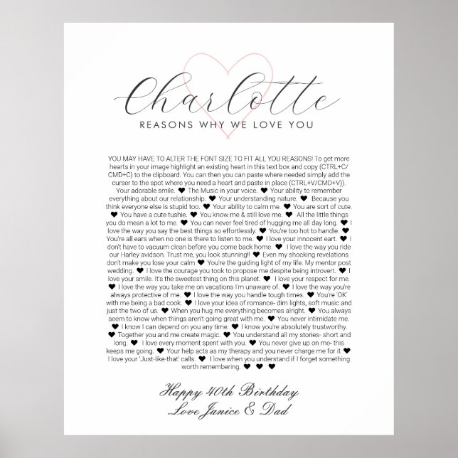 Poster 40 coisas que eu amo em você aniversário postal (Frente)