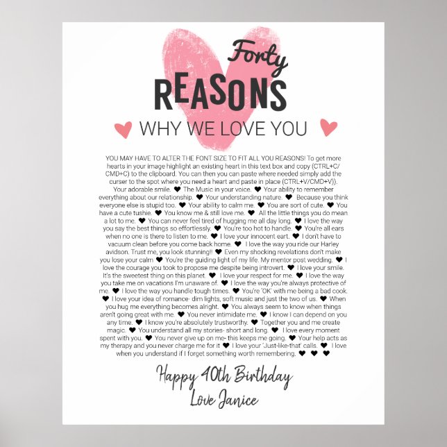 Poster 40 things I love about you anniversary birth (Frente)