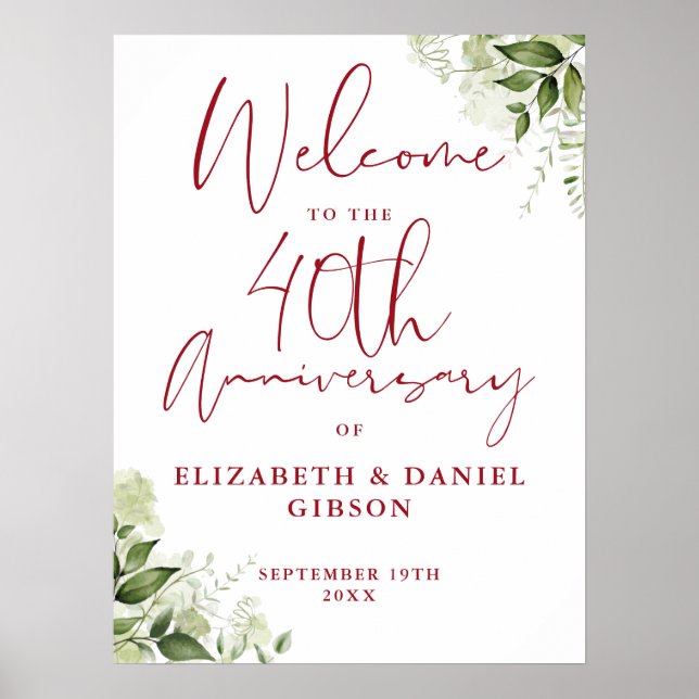 Poster 40th Wedding Anniversary Greenery Welcome Sign (Frente)