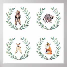 Poster 4 Animais da Floresta e Cartaz de Grinaldas