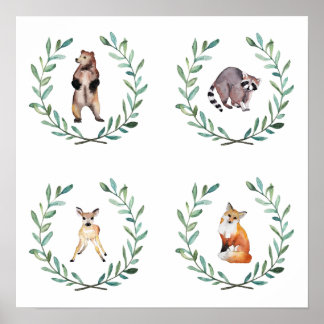 Poster 4 Animais da Floresta e Cartaz de Grinaldas