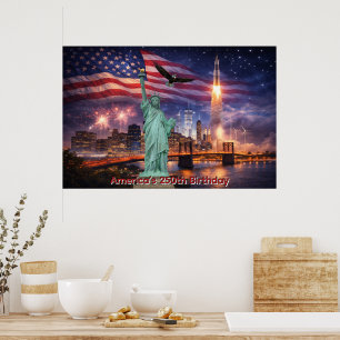 Poster 4 de Julho EUA 250º Estátua da Liberdade Foguete