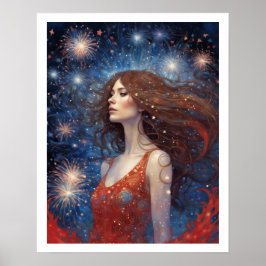 Poster 4 de julho Mulher no Red Fireworks Art