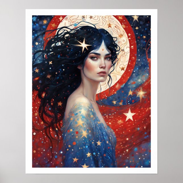 Poster 4 de julho Mulher no Red Fireworks Art Deco (Frente)