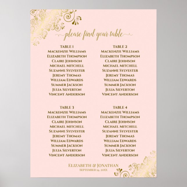 Poster 4 Gráfico de Sentados de Casamento Rosa e Dourado  (Frente)