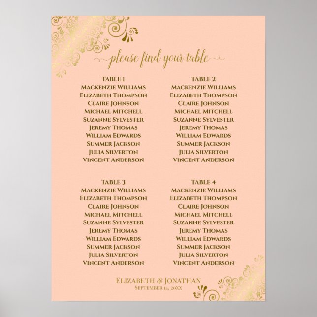 Poster 4 Mesa Coral Peach & Dourado Casamento (Frente)