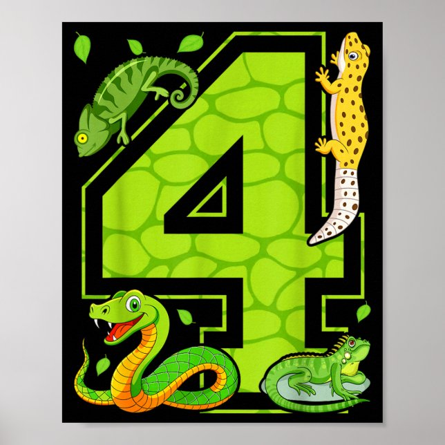 Poster 4th Birthday Snake Lizard Reptile 4 Year Old Party (Frente)