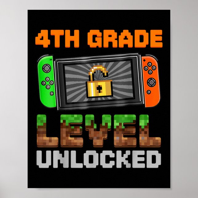 Poster 4th Grade Level Unlocked Pixel Game First Day Boy  (Frente)