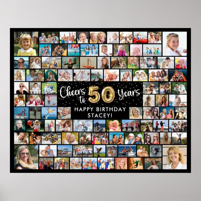 Poster 50º Aniversário 100 Fotos Preto Dourado Saúde Ao A (Frente)