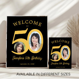 Poster 50th birthday party 2 photo black gold welcome