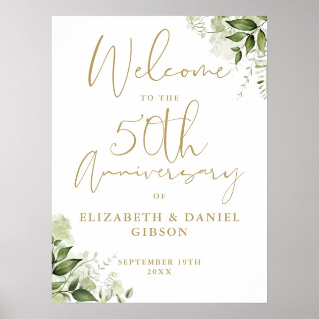 Poster 50th Wedding Anniversary Greenery Welcome Sign (Frente)