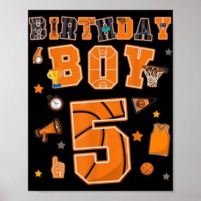 Poster 5 Birthday Boy 5 Anos Festa De Basquete Cinco Anos (Frente)