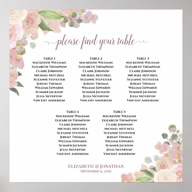 Poster 5 Mesa Rosas Rosa Rosa Rosa, Gráfico de Casamento (Frente)