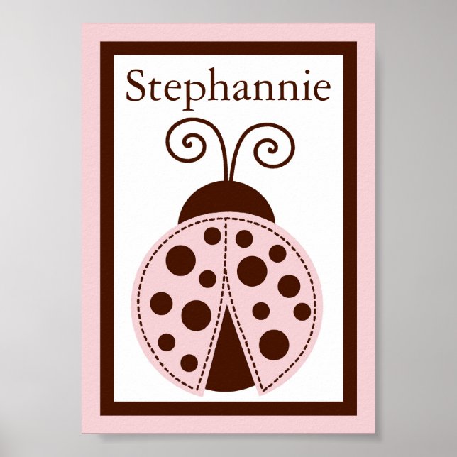 Poster 5x7 Mod Pink Personalizado Lady Bug Bebê Nome Arte (Frente)