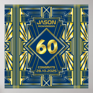 Poster 60º aniversário Art Deco Dourado Excelente Azul Ga