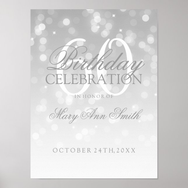 Poster 60. Aniversário da Silver Bokeh Sparkle Lights (Frente)