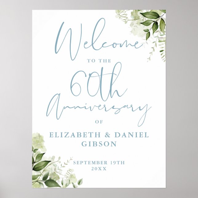 Poster 60th Wedding Anniversary Greenery Welcome Sign (Frente)
