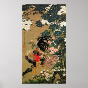 Póster 6. 紫陽花双鶏図, Hydrangea do 若冲 e galo,
