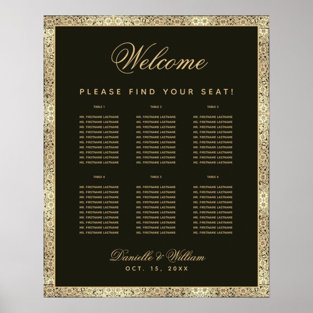 Poster 6 Mesa Elegante Boda Preto Dourado Quadro de Assen (Frente)
