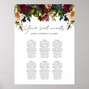 Poster 6 mesa Moody Floral Burgundy Plano de Casamento