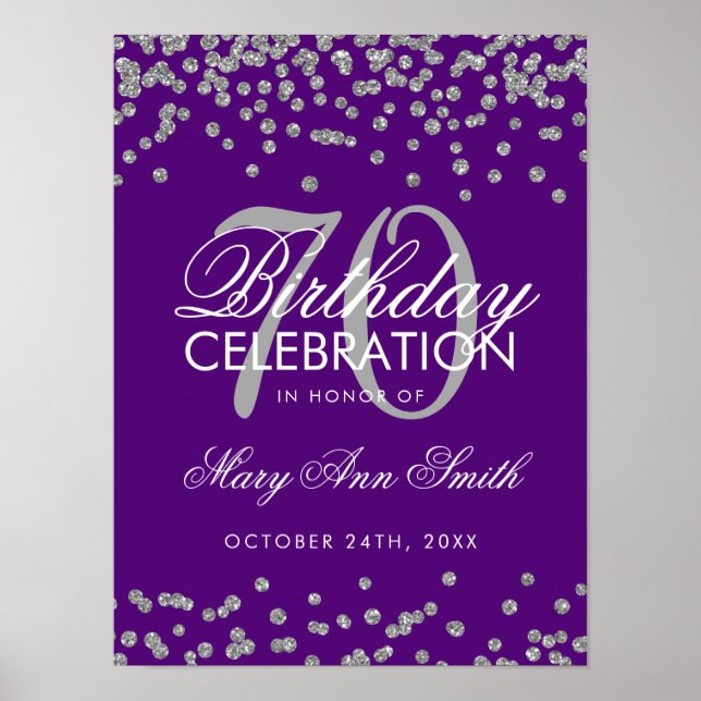 Poster 70 de Prata Aniversário Glitter Confetti Roxo (Frente)