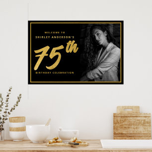 Poster 75. º aniversário Foto Preta Faux Dourado Folha El