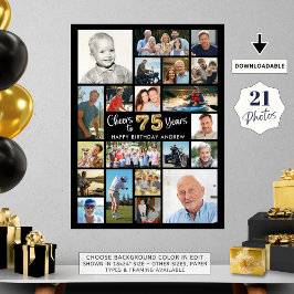 Poster 75.º aniversário Preto Dourado 21 Foto anima anos