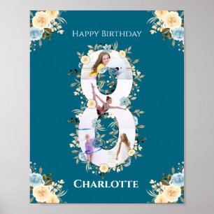 Poster 8º Aniversário Colagem de Fotos Teal Blue Flor Ama