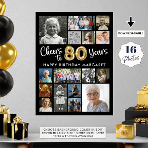 Poster 80 Aniversário Negro Dourado 16 Fotografias Alegre