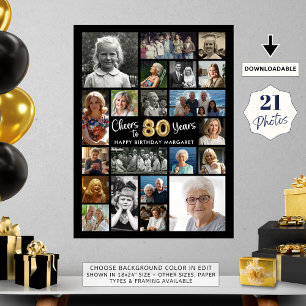 Poster 80 Aniversário negro Dourado 21 Foto anima anos
