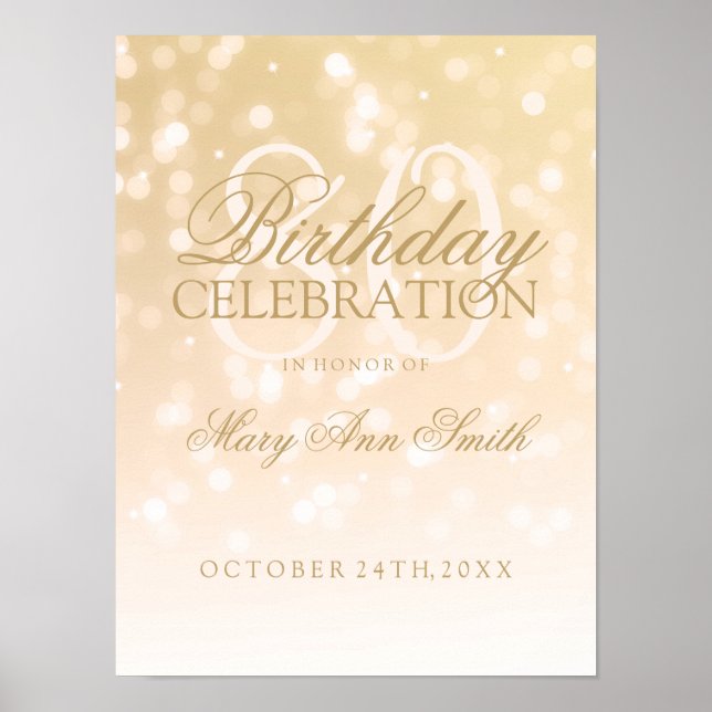 Póster 80 Birthday Dourado Bokee Sparkle Lights (Frente)